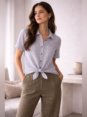Theory Hekanina Tie-Front Linen Blouse Chambray Minimalist Lagenlook Luxury